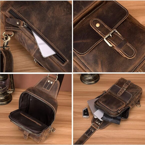 ✨Le'aokuu Men Brown Casual Travel Hiking Chest Bag Rig One Shoulder Strap Bags - Picture 6 of 7